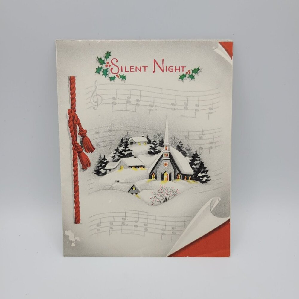 Vintage Silent Night Christmas Card With Red Rope Design &‎ Snowy Church Scene